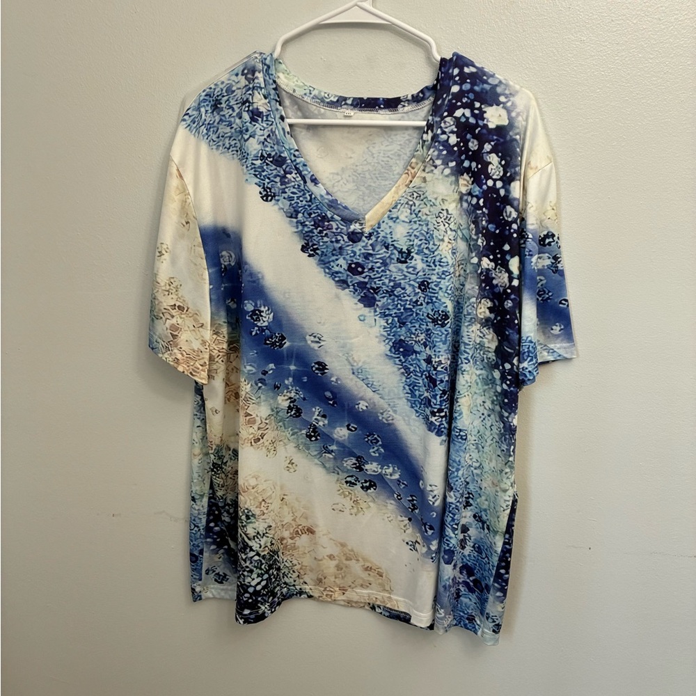 Blue Patterned V-Neck Women’s Top